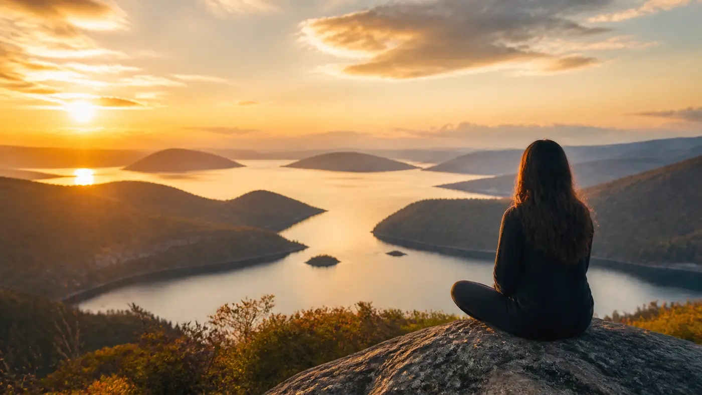 A person looking across a sunlit landscape, representing a new direction